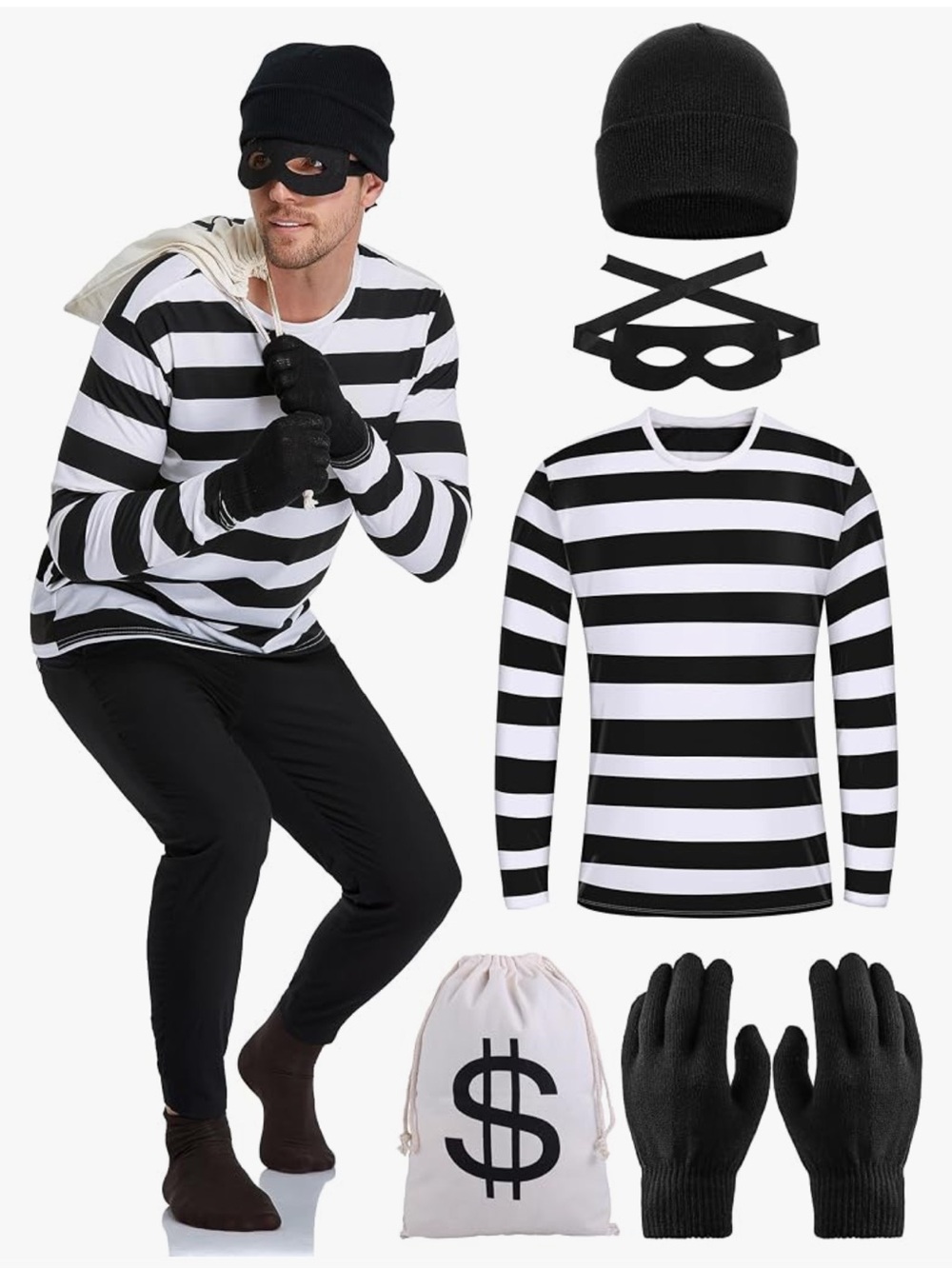 NWOT Bank Robber Cat Burglar Striped Long-Sleeve Tee Costume with Accessories
